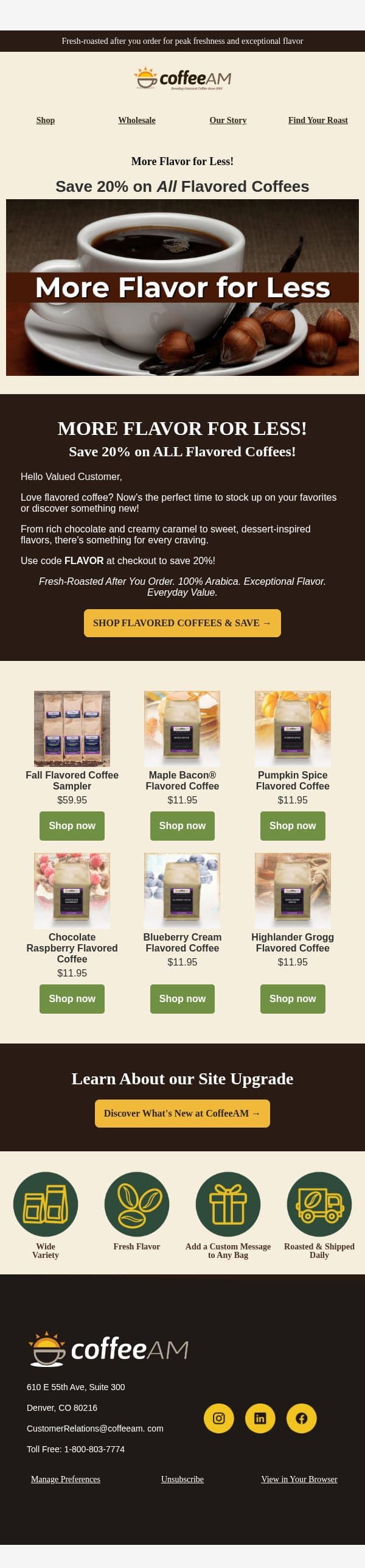 Save 20% on ALL Flavored Coffees! email from CoffeeAM screenshot