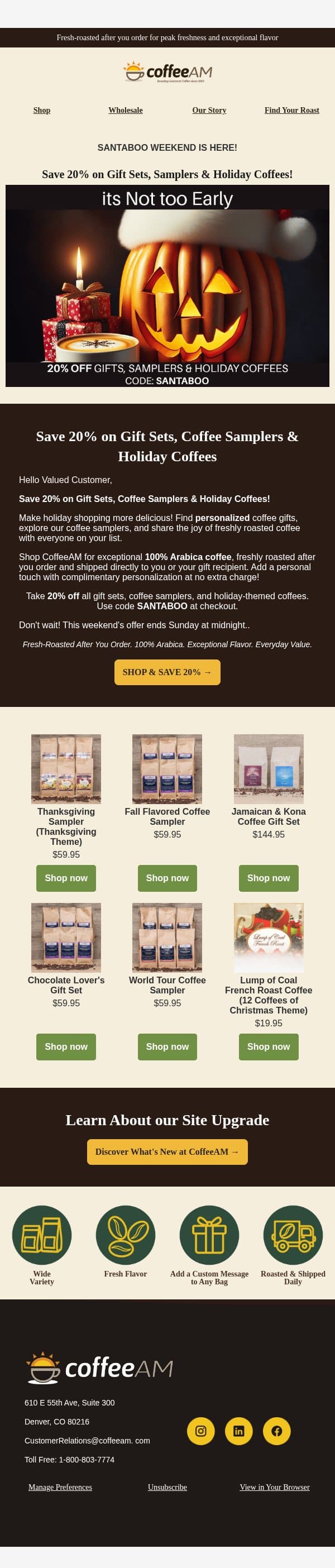 π SANTABOO Weekend! Save 20% π email from CoffeeAM screenshot