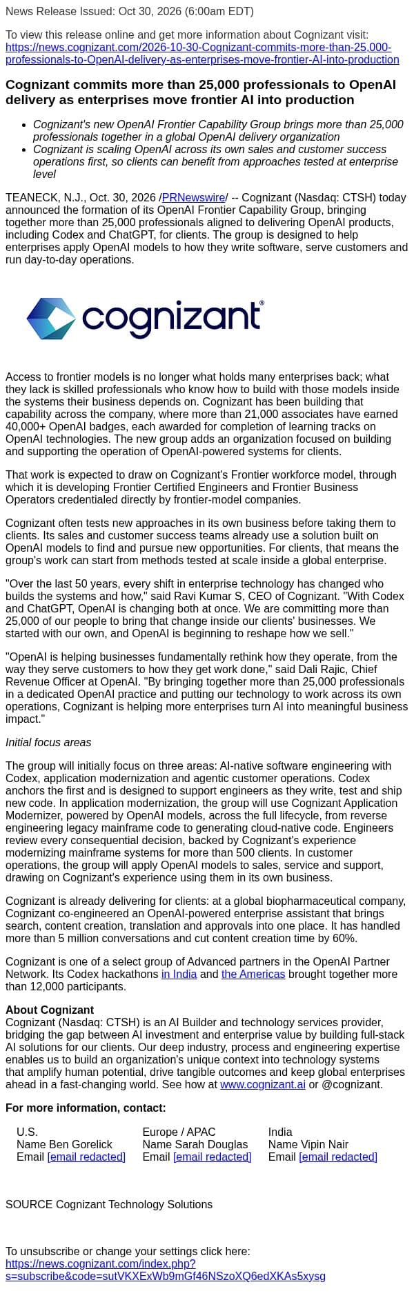 Cognizant commits more than 25,000 professionals to OpenAI delivery as enterprises move frontier AI into production email from Cognizant screenshot