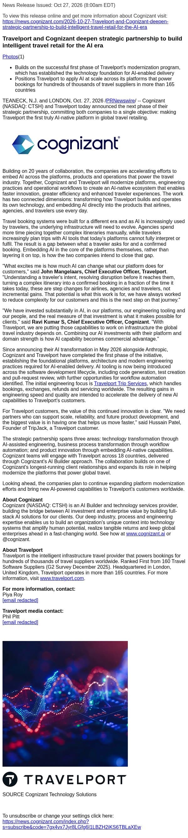 Travelport and Cognizant deepen strategic partnership to build intelligent travel retail for the AI era email from Cognizant screenshot