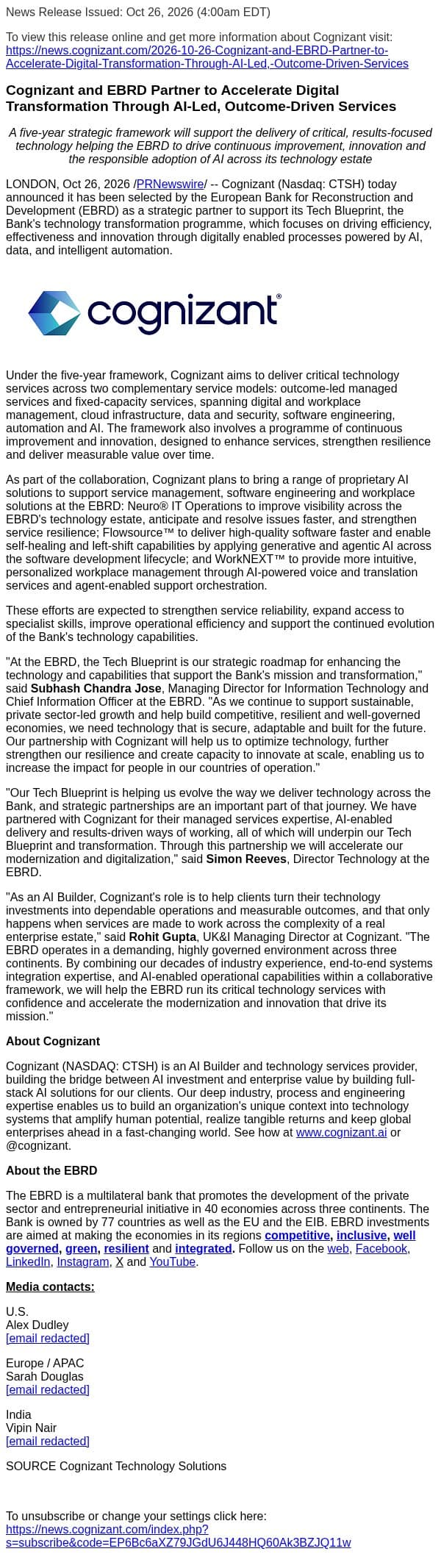 Cognizant and EBRD Partner to Accelerate Digital Transformation Through AI-Led, Outcome-Driven Services email from Cognizant screenshot