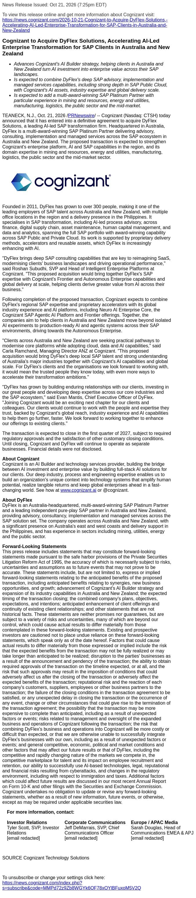 Cognizant to Acquire DyFlex Solutions, Accelerating AI-Led Enterprise Transformation for SAP Clients in Australia and New Zealand email from Cognizant screenshot