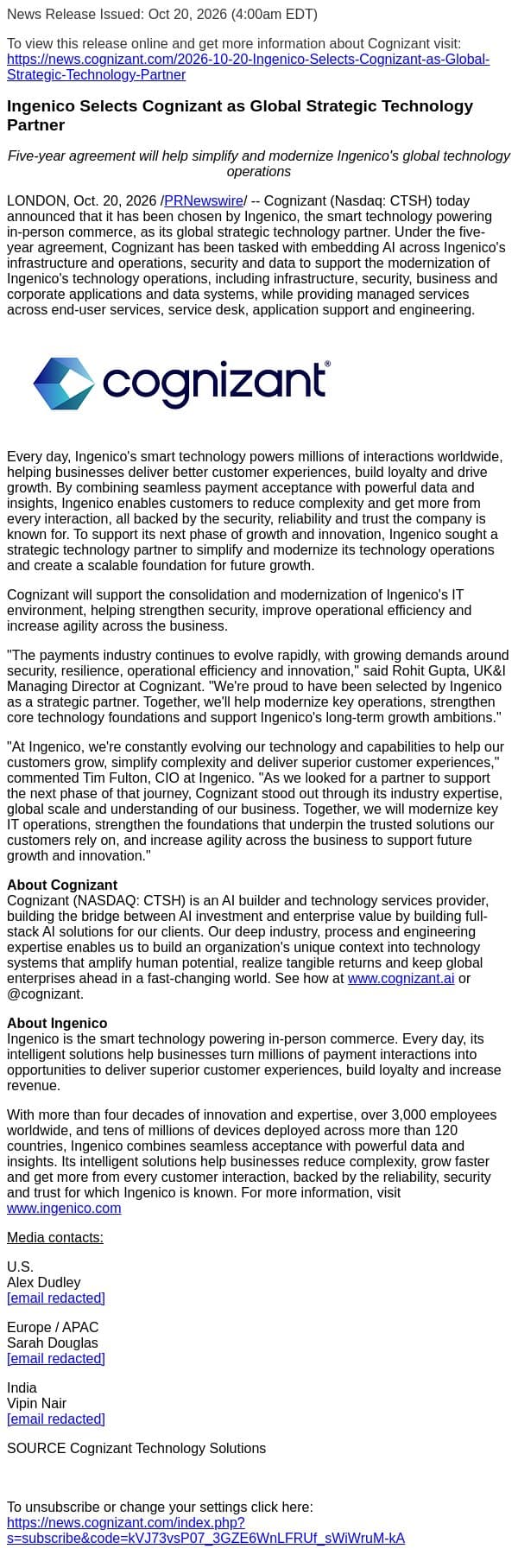 Ingenico Selects Cognizant as Global Strategic Technology Partner email from Cognizant screenshot