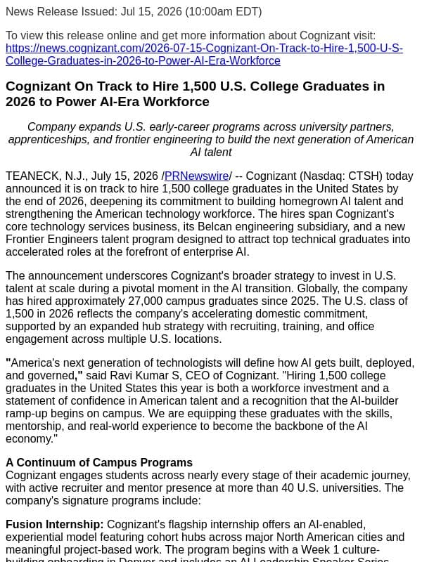 Cognizant On Track to Hire 1,500 U.S. College Graduates in 2026 to Power AI-Era Workforce email from Cognizant