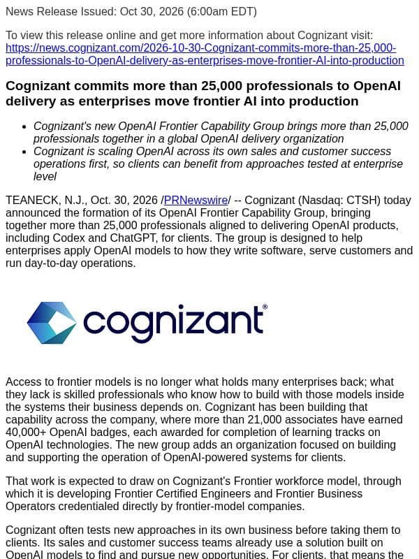 Cognizant commits more than 25,000 professionals to OpenAI delivery as enterprises move frontier AI into production email from Cognizant