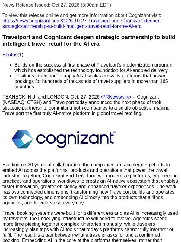 Travelport and Cognizant deepen strategic partnership to build intelligent travel retail for the AI era email from Cognizant