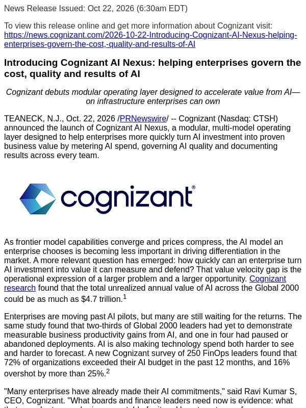 Introducing Cognizant AI Nexus: helping enterprises govern the cost, quality and results of AI email from Cognizant