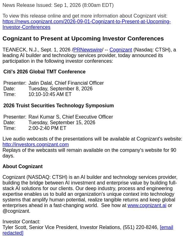 Cognizant to Present at Upcoming Investor Conferences email from Cognizant