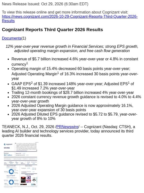 Cognizant Reports Third Quarter 2026 Results email from Cognizant