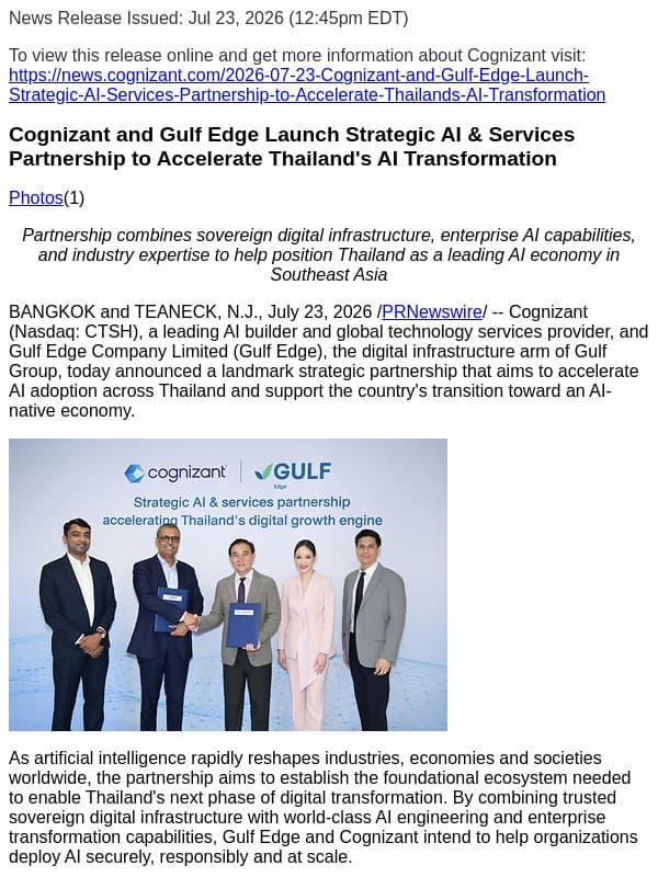 Cognizant and Gulf Edge Launch Strategic AI & Services Partnership to Accelerate Thailand's AI Transformation email from Cognizant