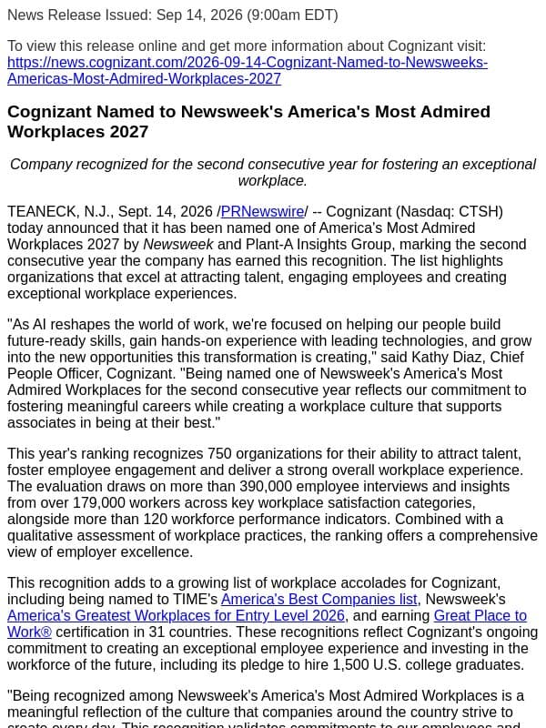 Cognizant Named to Newsweek's America's Most Admired Workplaces 2027 email from Cognizant