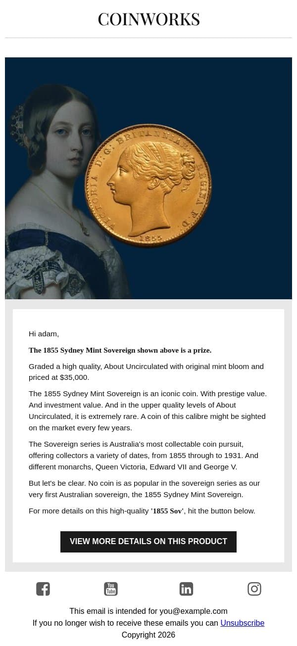 The nation's first Sovereign, the 1855 Sydney Mint Sovereign. email from Coinworks screenshot
