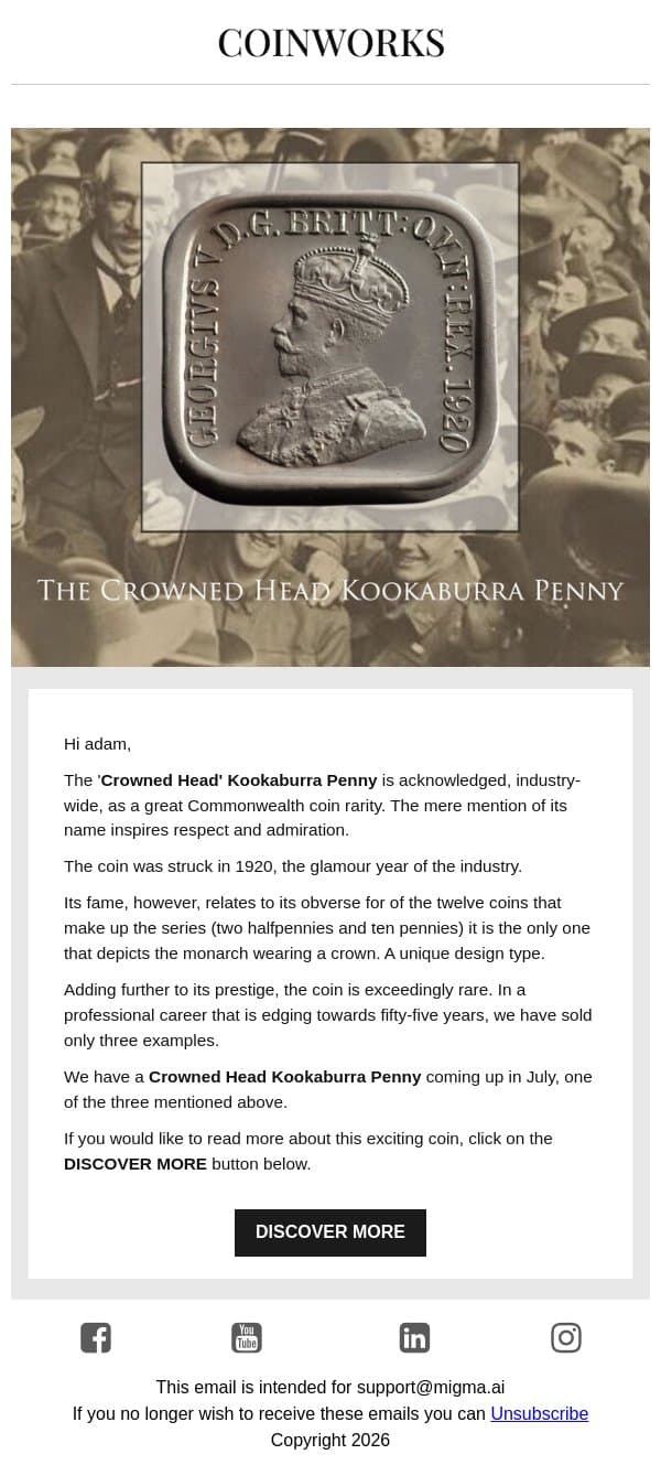 Coming to market, the famous 'Crowned Head' Kookaburra Penny email from Coinworks screenshot