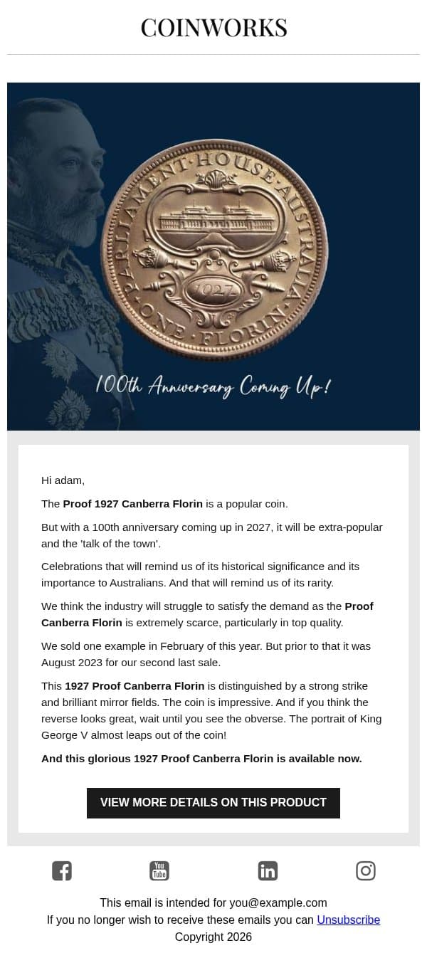 100th Anniversary for the 1927 Proof Canberra Florin. email from Coinworks screenshot