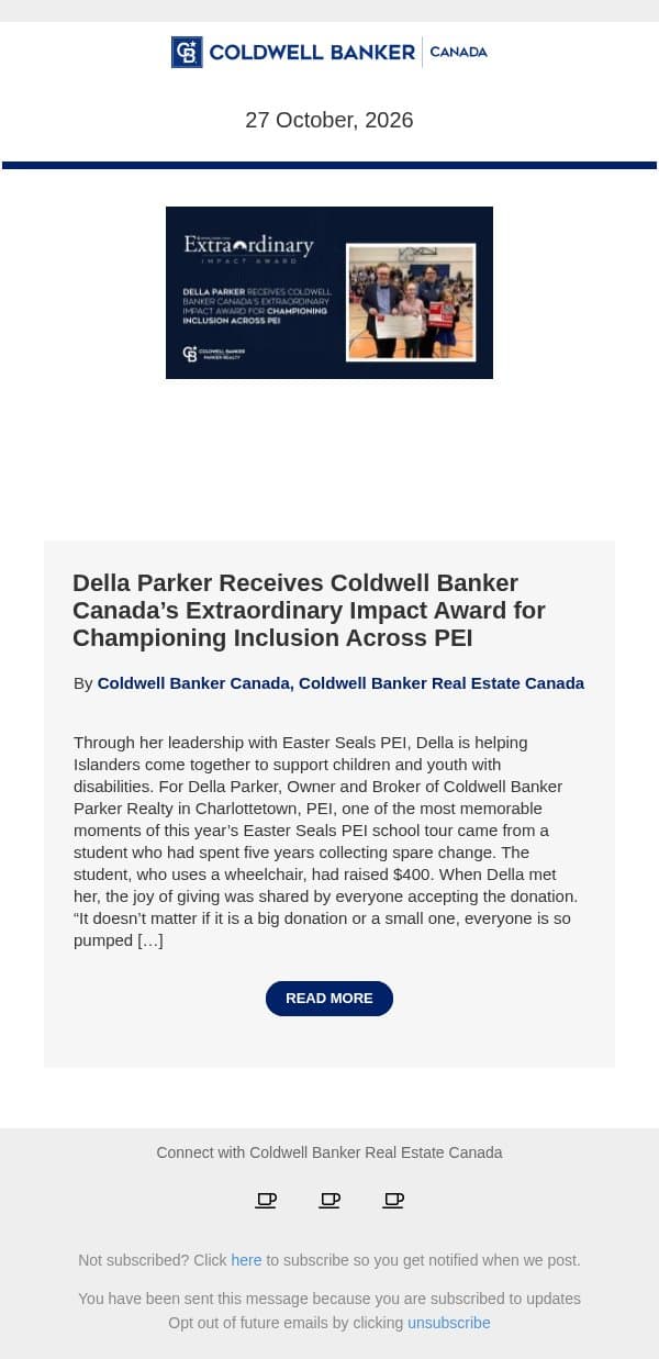 Coldwell Banker Canada: Della Parker Receives Coldwell Banker Canada’s Extraordinary Impact Award for Championing Inclusion Across PEI email from Coldwell Banker Canada screenshot