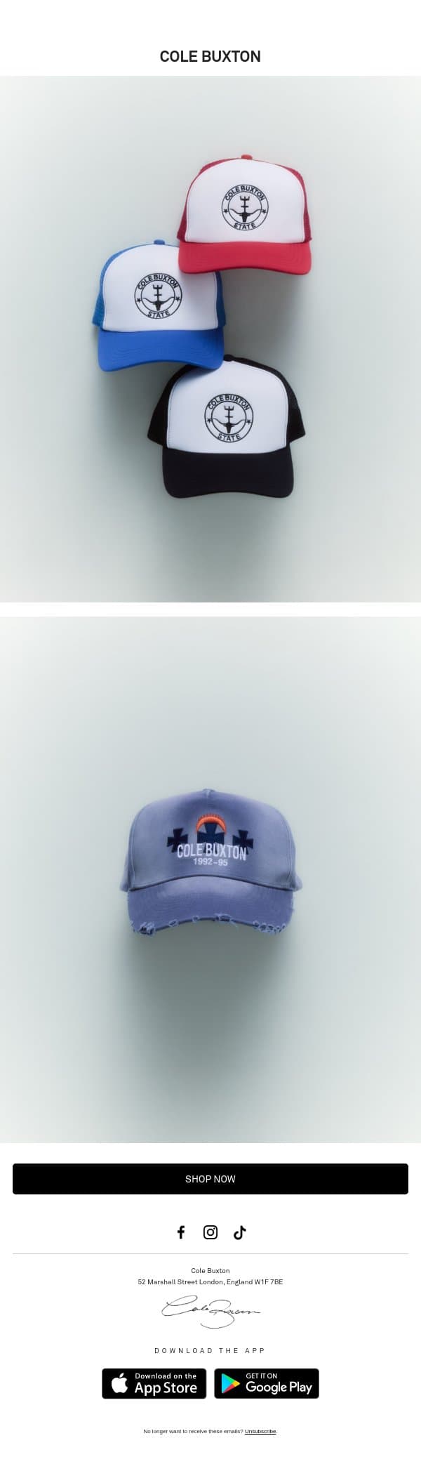NEW HATS ONLINE NOW email from Cole Buxton screenshot