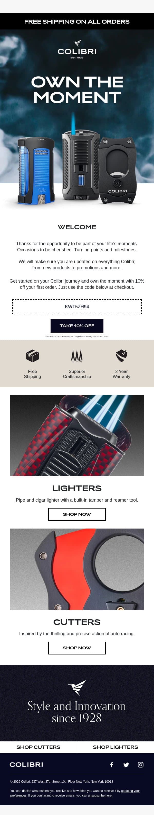 Your welcome gift is inside! email from Colibri Lighters screenshot