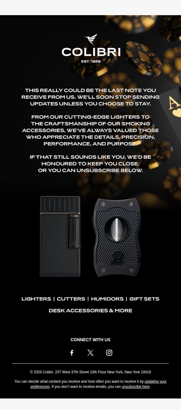 Before we step away email from Colibri Lighters screenshot
