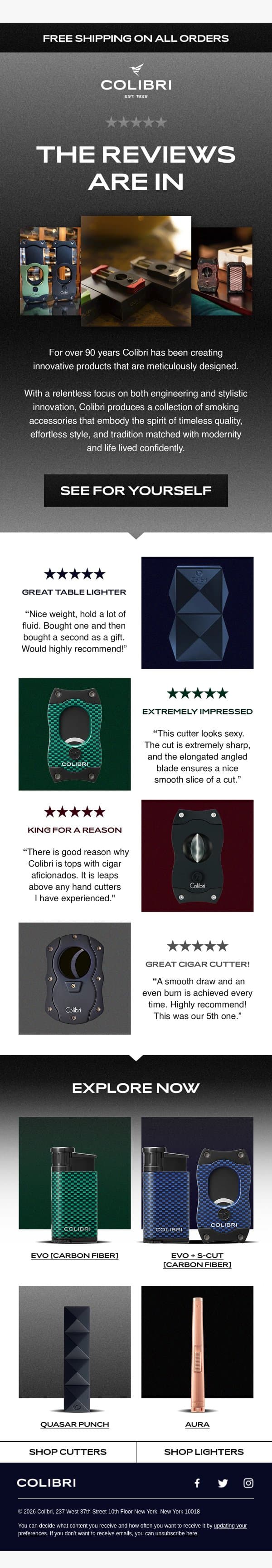 “It works so well I threw away my other cutters” email from Colibri Lighters screenshot