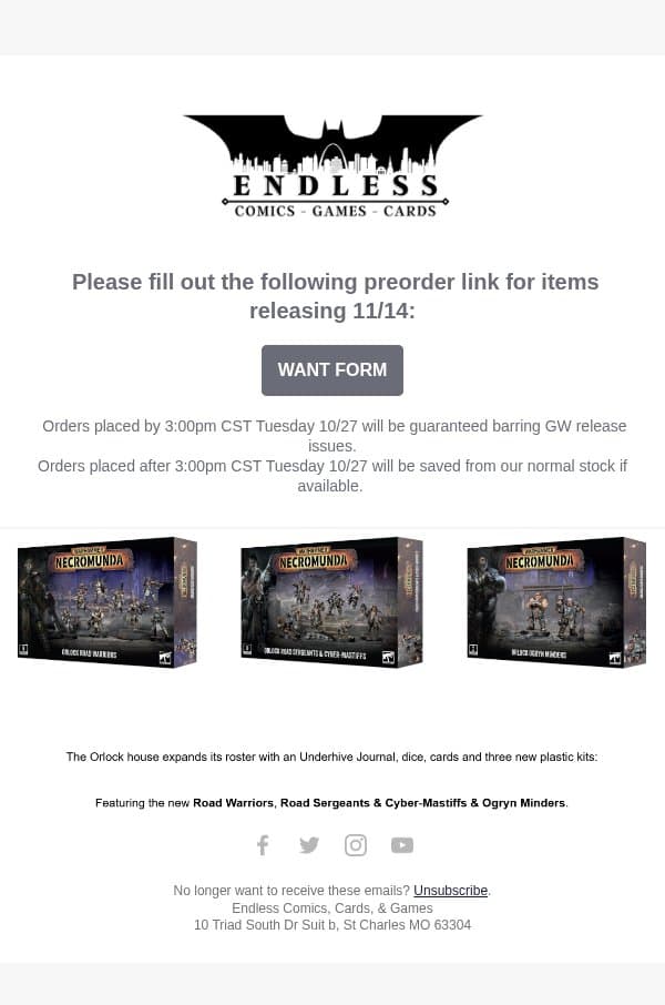 Endless Comics Games Workshop Preorder for Items Releasing November 14th email from Collector Store screenshot