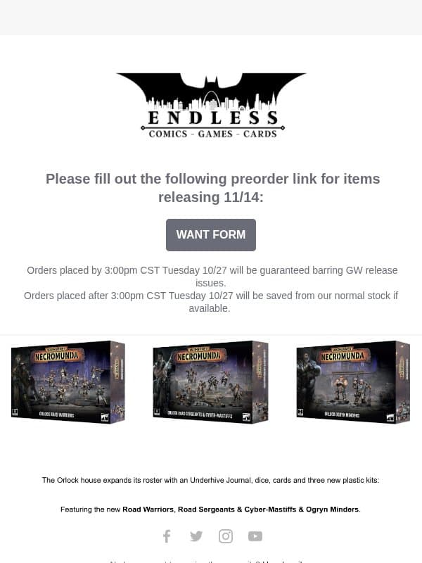 Endless Comics Games Workshop Preorder for Items Releasing November 14th email from Collector Store