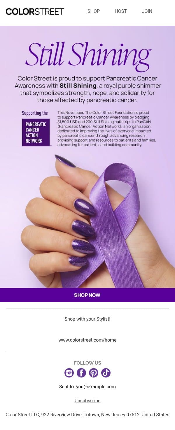 NEW: Pancreatic Cancer Awareness Shade email from Color Street screenshot