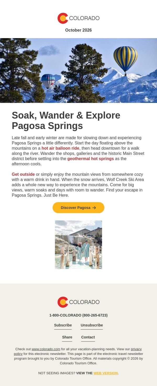 Plan Your Winter Getaway in Pagosa Springs email from Colorado Tourism Office screenshot