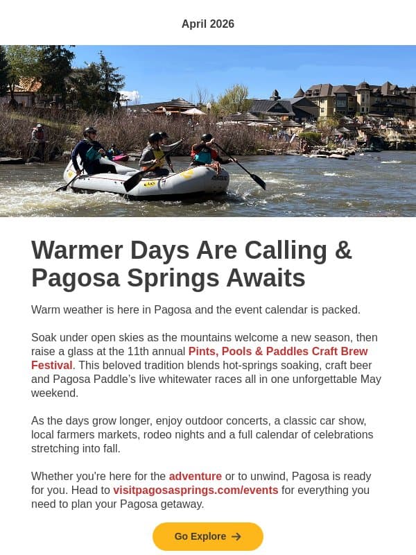 Spring Into Summer in Pagosa Springs email from Colorado Tourism Office