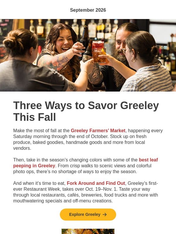 Fall Is Calling in Greeley email from Colorado Tourism Office
