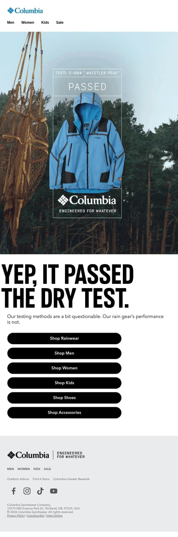 Rain gear for all of the above. email from Columbia Sportswear screenshot