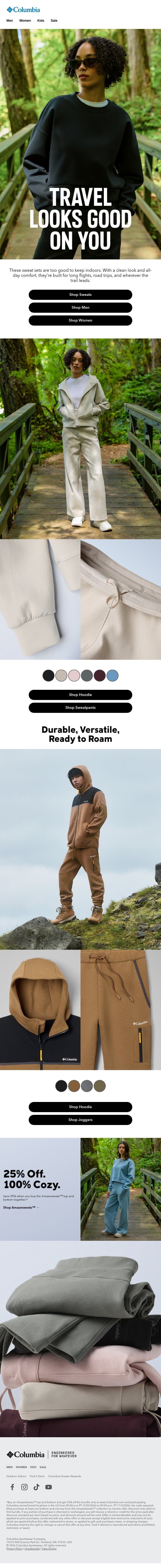 These travel sweats are going places. email from Columbia Sportswear screenshot