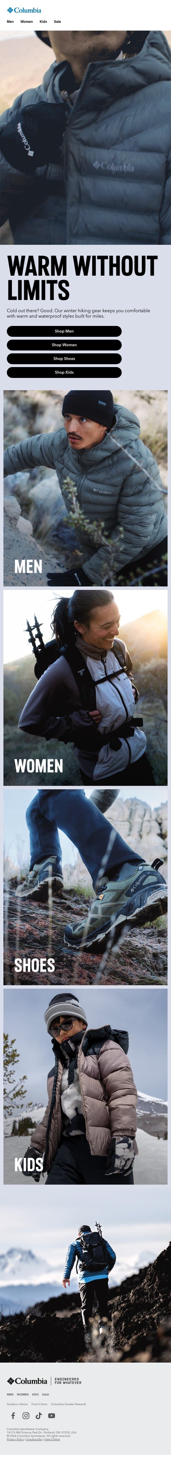 Hiking has no off season. email from Columbia Sportswear screenshot
