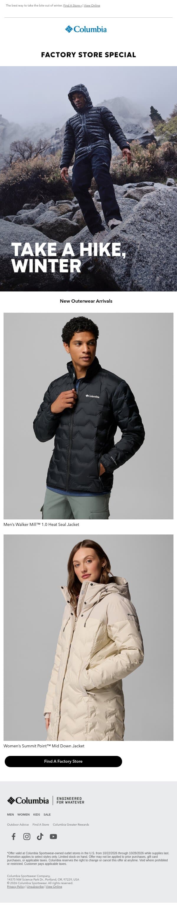 Factory Stores: New Outerwear email from Columbia Sportswear screenshot