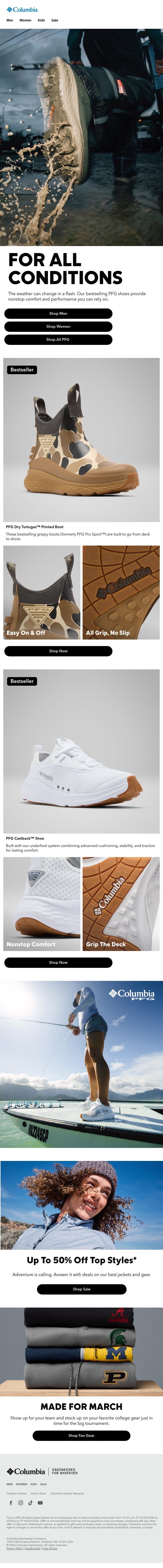 Bestselling PFG shoes that anglers love. email from Columbia Sportswear screenshot