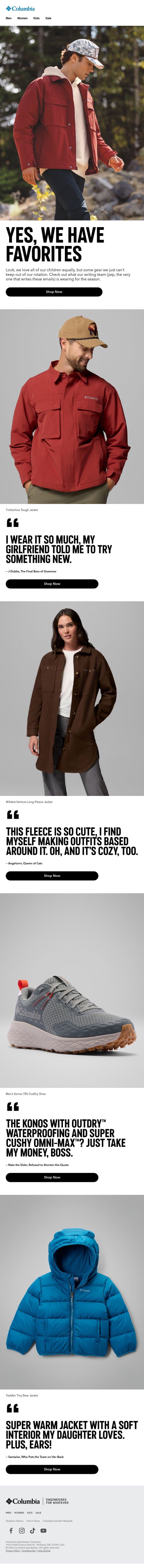 The gear our team loves. email from Columbia Sportswear screenshot