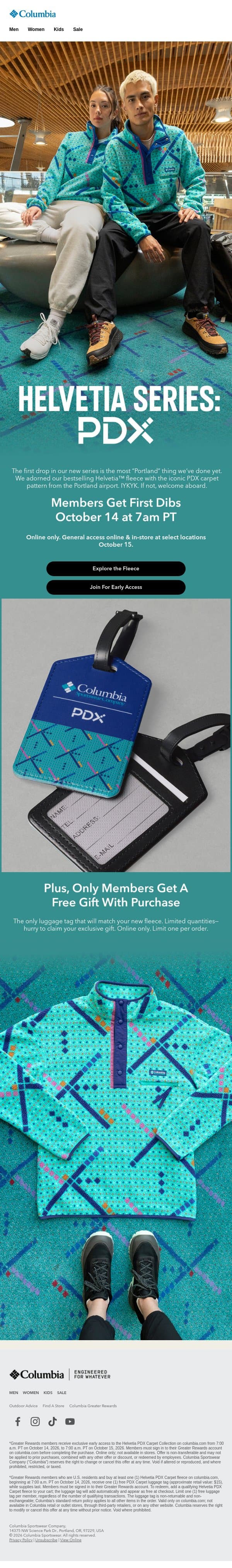 Cleared for landing: PDX carpet fleece! email from Columbia Sportswear screenshot