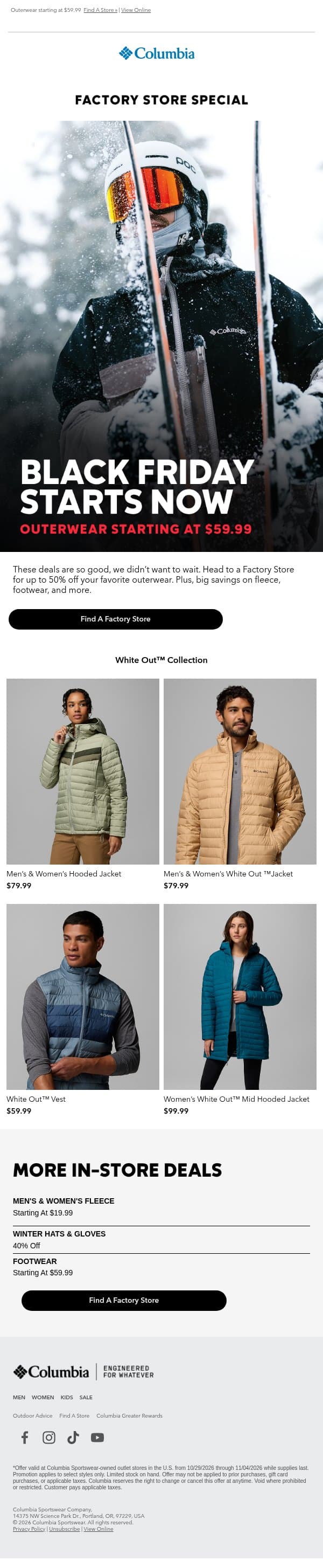 Factory Stores: Black Friday Sale is on! email from Columbia Sportswear screenshot