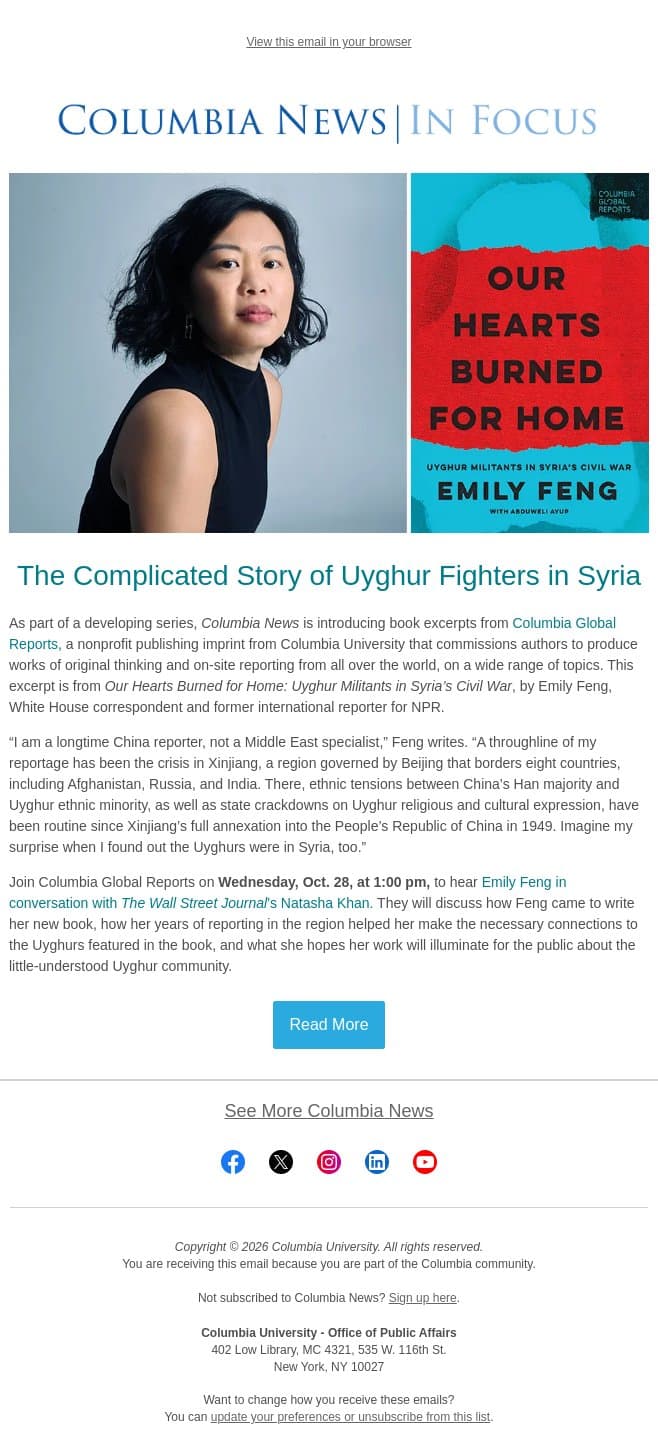 The Complicated Story of Uyghur Fighters in Syria email from Columbia University screenshot
