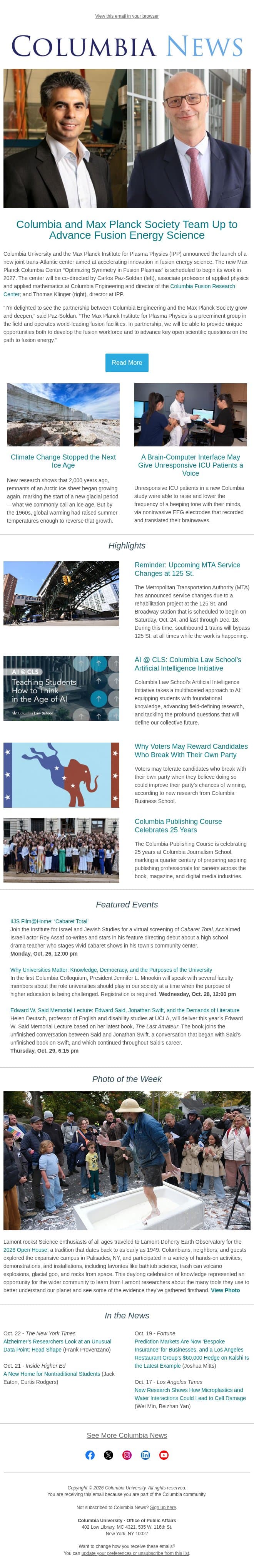 A New Partnership for Fusion Energy Research email from Columbia University screenshot