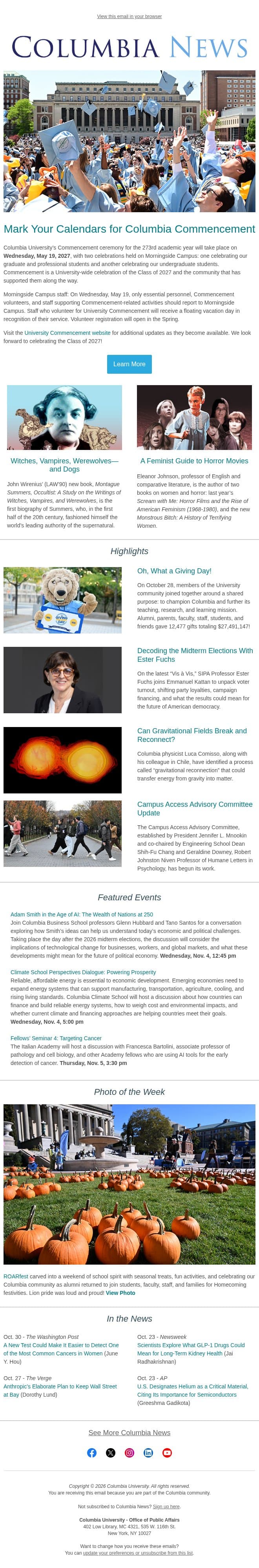 Mark Your Calendars for Columbia Commencement! email from Columbia University screenshot