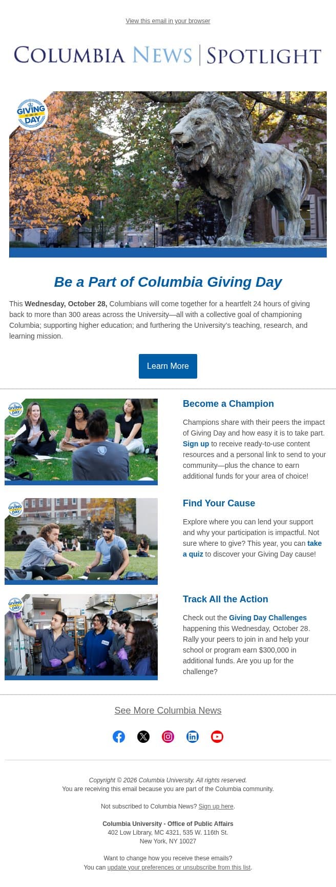 Are You Ready for Columbia Giving Day 2026? email from Columbia University screenshot