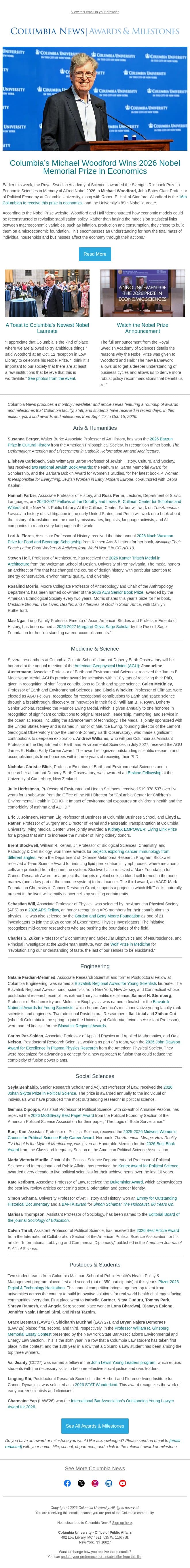 Nobel Prize in Economics, Blavatnik Awards, and More Accolades email from Columbia University screenshot
