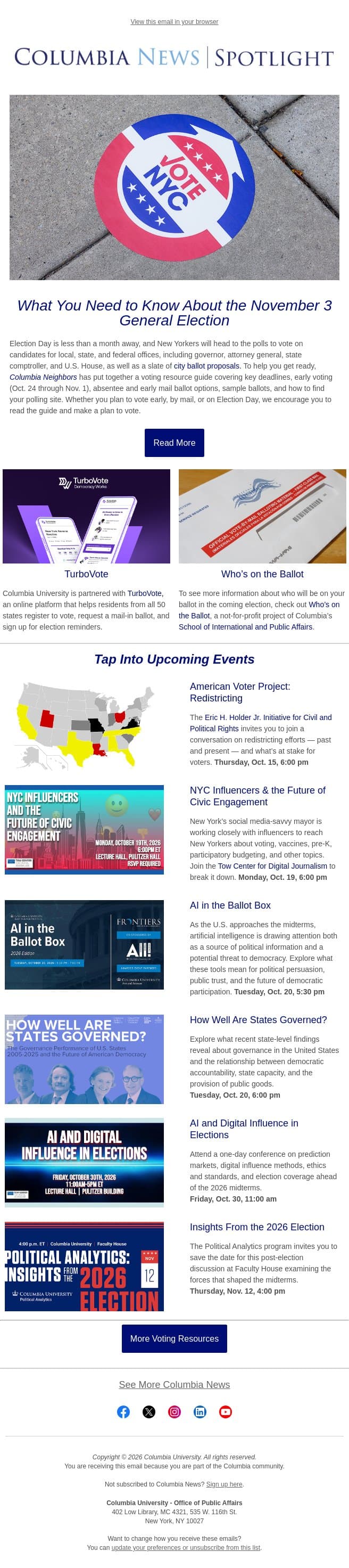 ✅ Prepare for the Nov. 3 Election: Dates, Polling Sites, Events, and More email from Columbia University screenshot