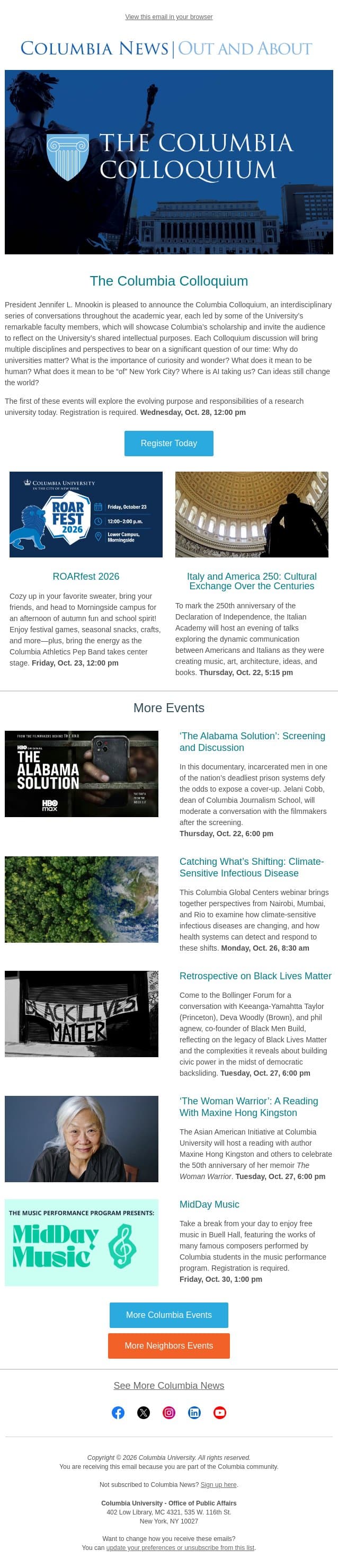 Reflect on the Big Questions at the Columbia Colloquium email from Columbia University screenshot