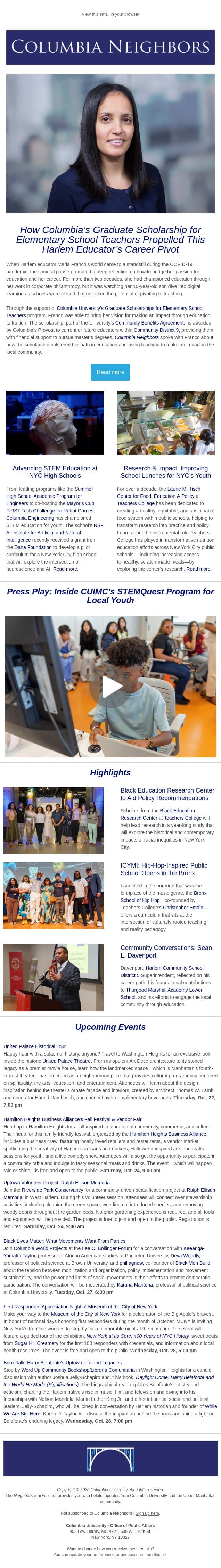 A Graduate Scholarship for Local Elementary School Teachers email from Columbia University screenshot