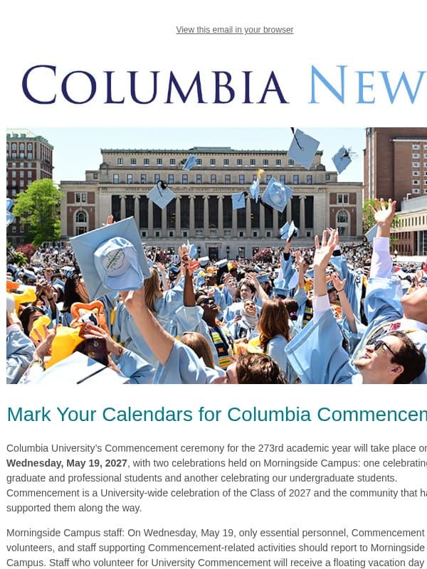 Mark Your Calendars for Columbia Commencement! email from Columbia University