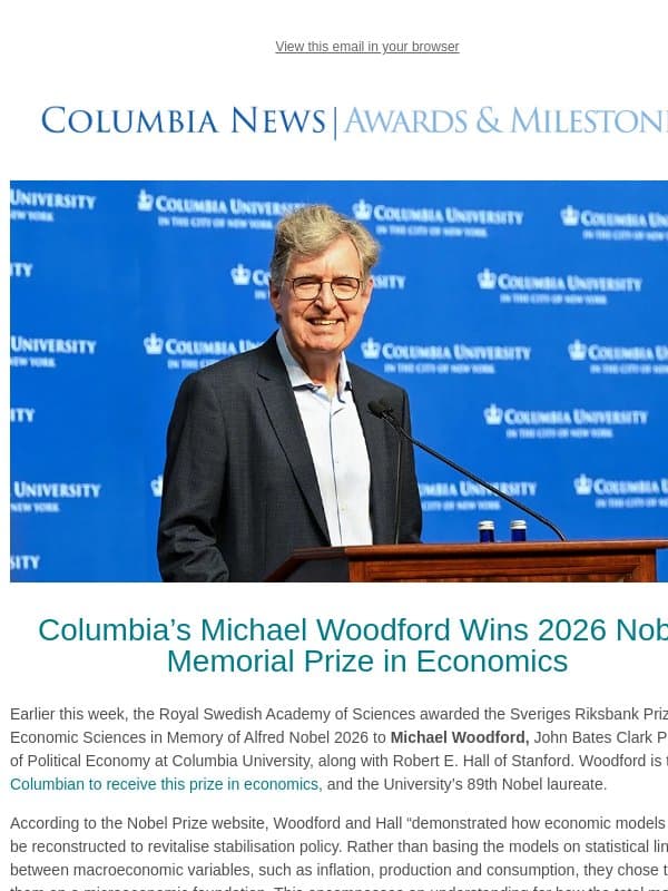 Nobel Prize in Economics, Blavatnik Awards, and More Accolades email from Columbia University