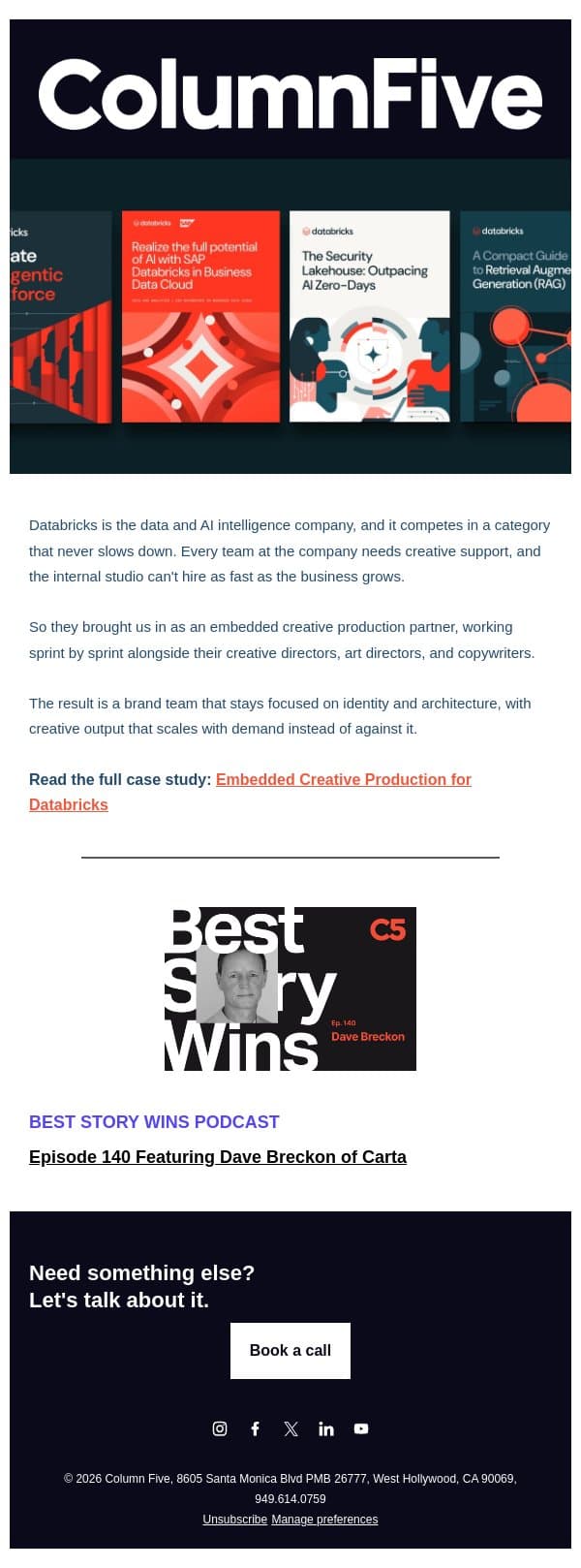 See our recent work with Databricks email from Column Five screenshot