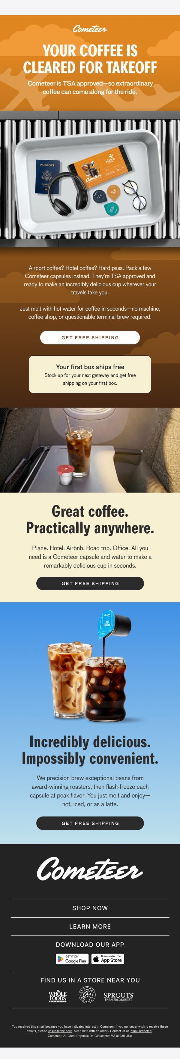 Your upcoming trip ✈️ email from Cometeer screenshot