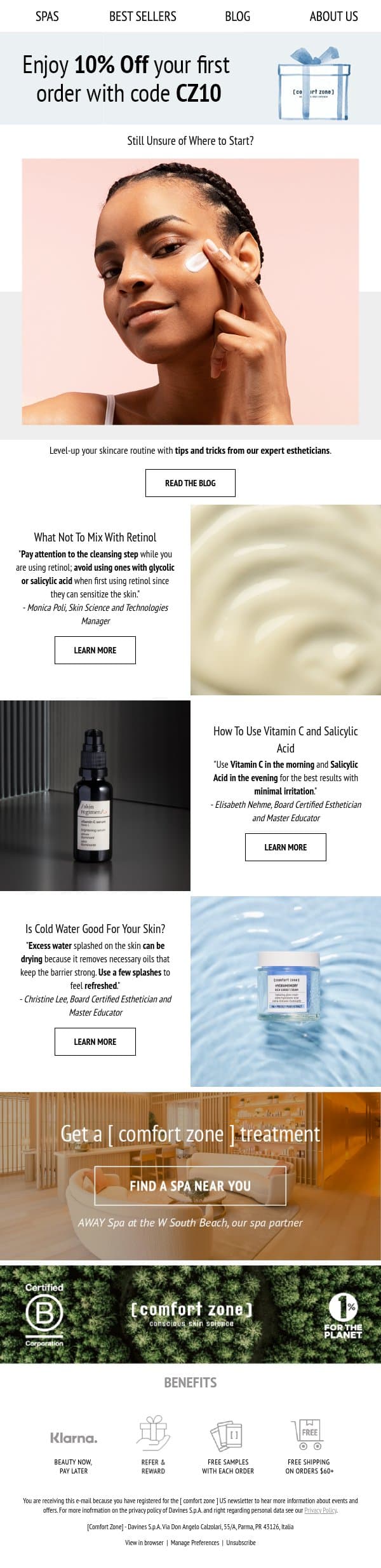 Get Expert Skincare Tips & Recommendations email from Comfort Zone screenshot